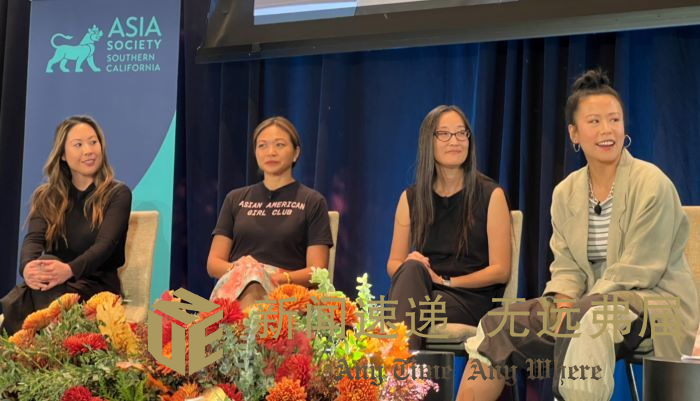 活跃在好莱坞的华裔导演石之予(Domee Shi右起)、《功夫熊猫2、3》的导演Jennifer Yuh Nelson、《寻龙传说》编剧Adele Lim、以及Netflix的《海兽猎人》导演Janet Wu出席出席亚美娱乐峰会论坛,代表了目前动画界的女性华裔精英(记者Maggie Ma 摄影)